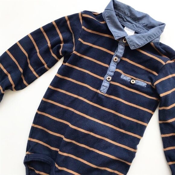 H&M navy/tan stripe diaper shirt  EUC 12-18 months - Picture 2 of 2
